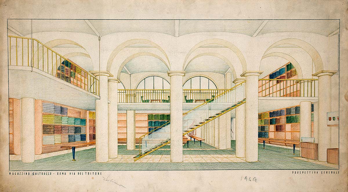 Vetrina con tessuti e figurino del negozio Galtrucco - © Archivi Farabola